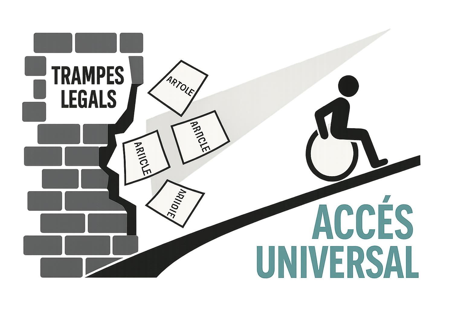Il·lustració d’una rampa que travessa un mur de papers legals: l’accés universal obre pas entre les trampes legals